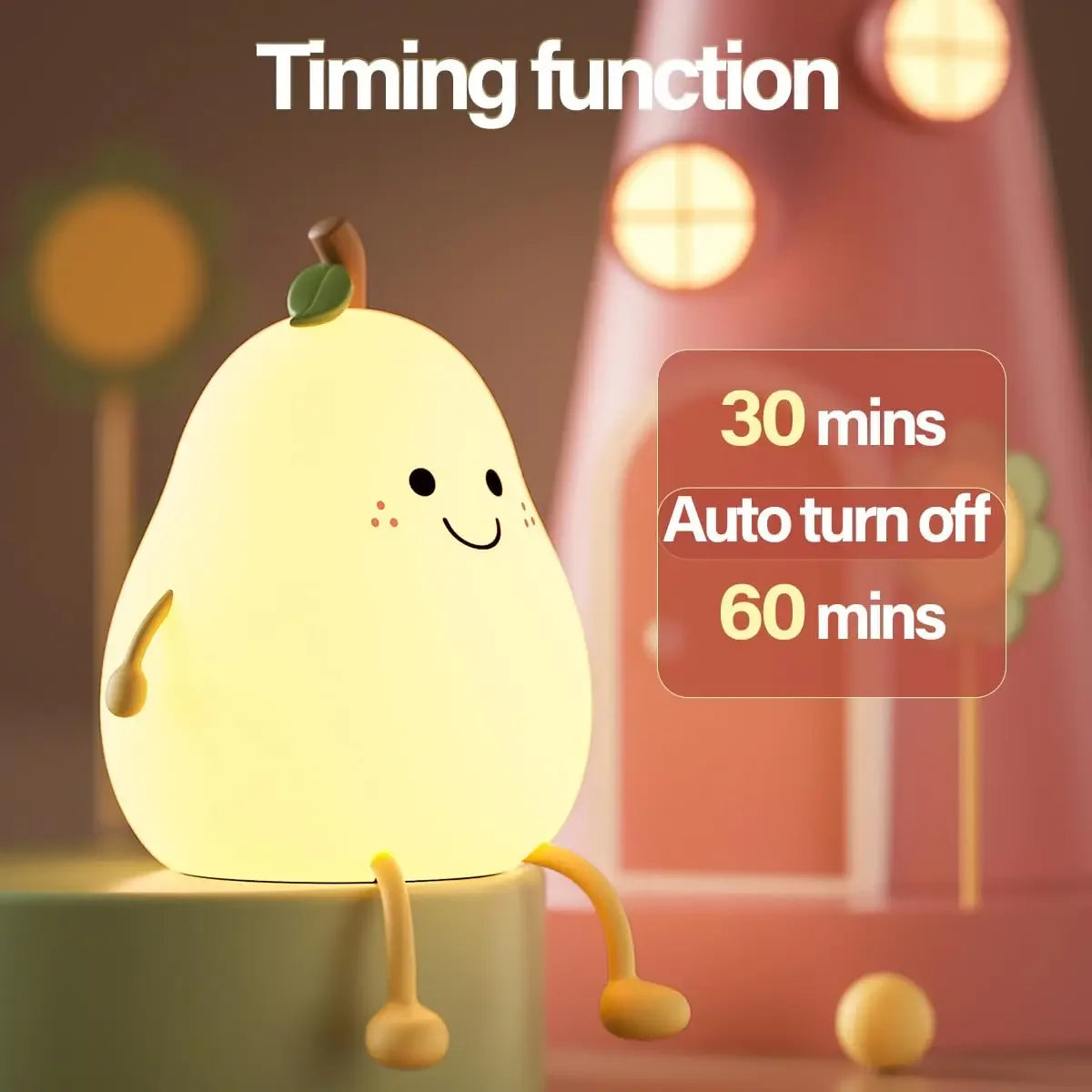Cute Pear LED Night Light – Soft Silicone, Touch Control, 7 Colors