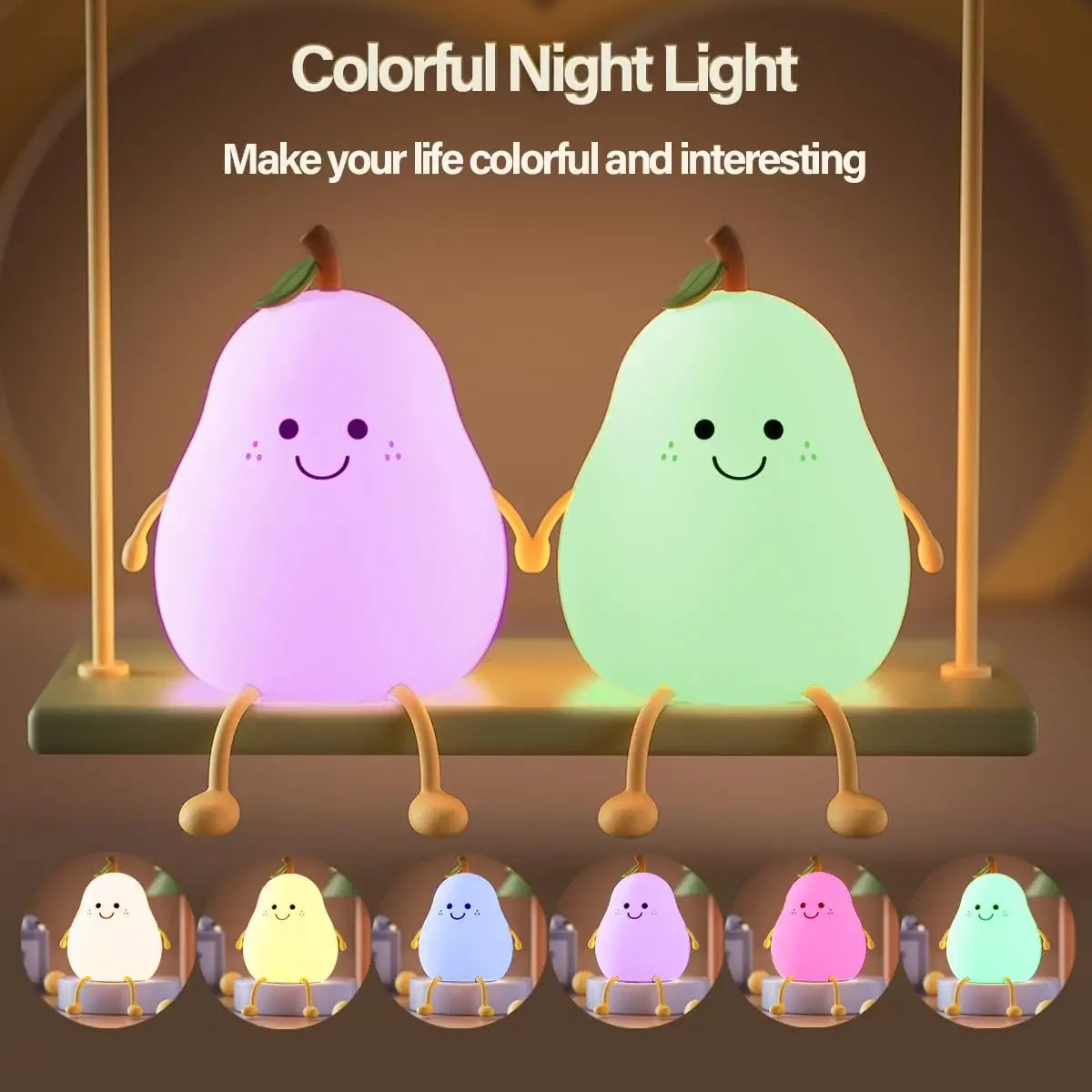 Cute Pear LED Night Light – Soft Silicone, Touch Control, 7 Colors