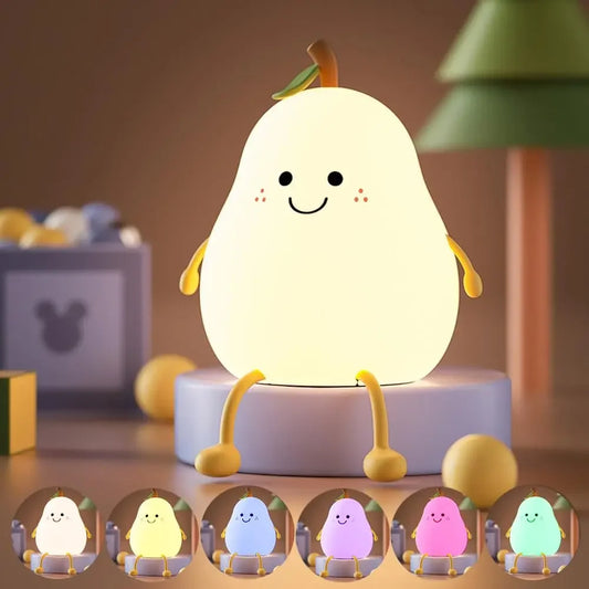 Cute Pear LED Night Light – Soft Silicone, Touch Control, 7 Colors